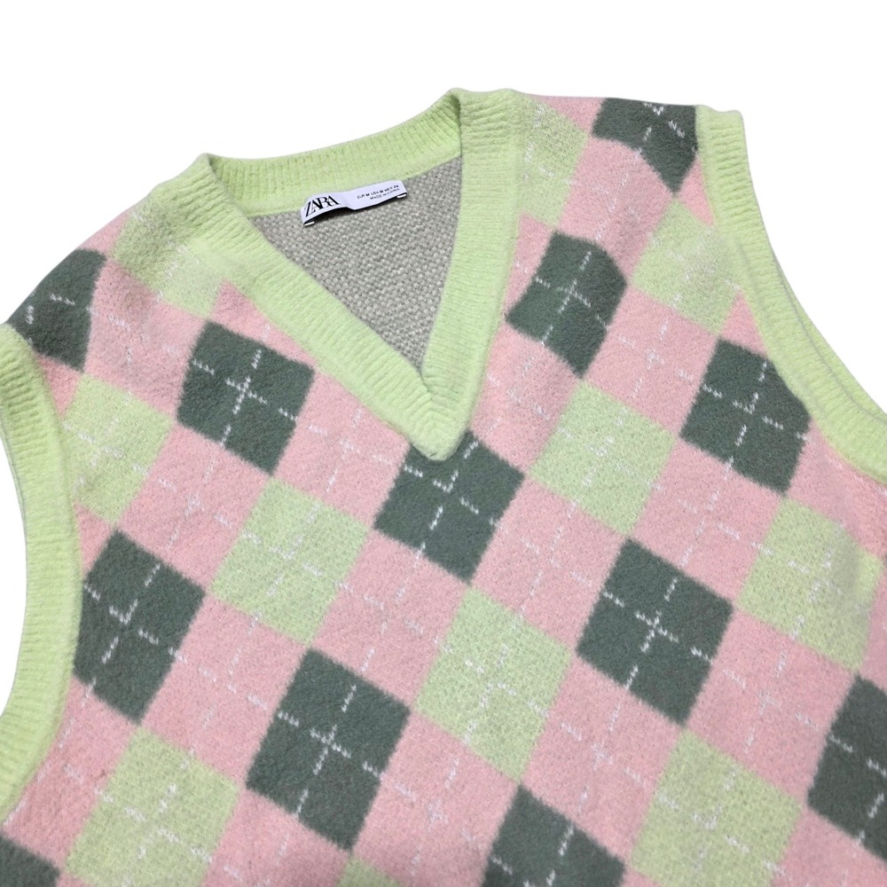 Zara Argyle Sweater Vest‎ Pastel Pink Green Gray Sleeveless Knit Top Medium